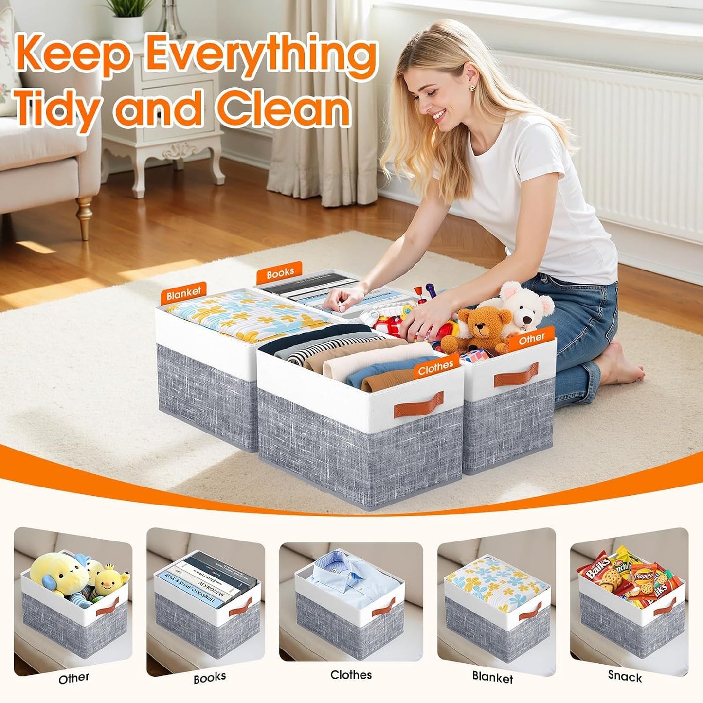 Cestas plegables tela asas cuero 14x10" set 6 blancas