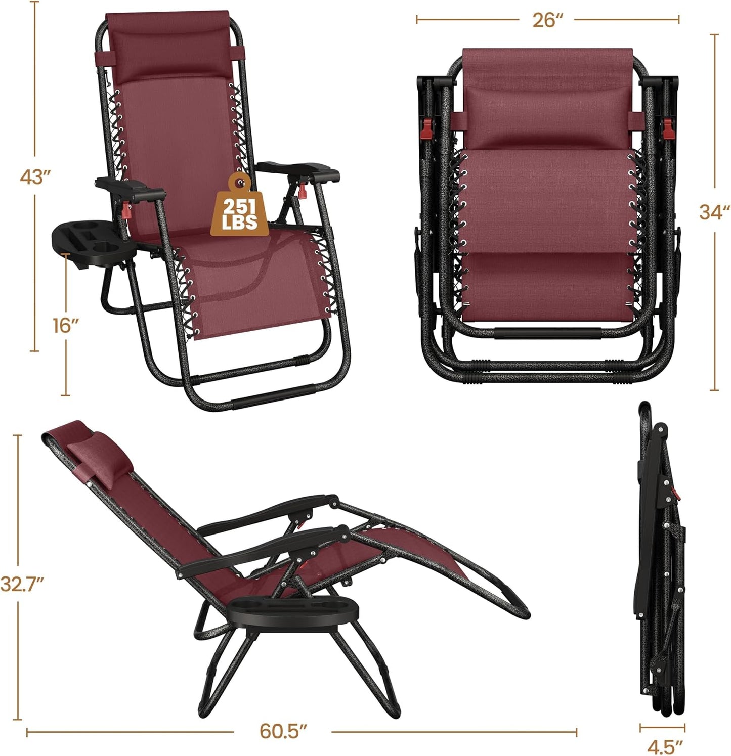 Sillas reclinables plegables exteriores color borgoña set 2
