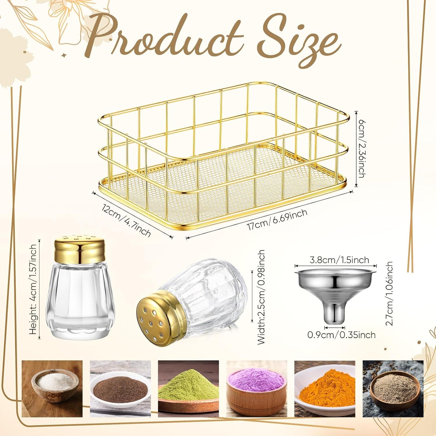 20 Pzas Salero Pimentero Vidrio 0.5oz con Estante Dorado