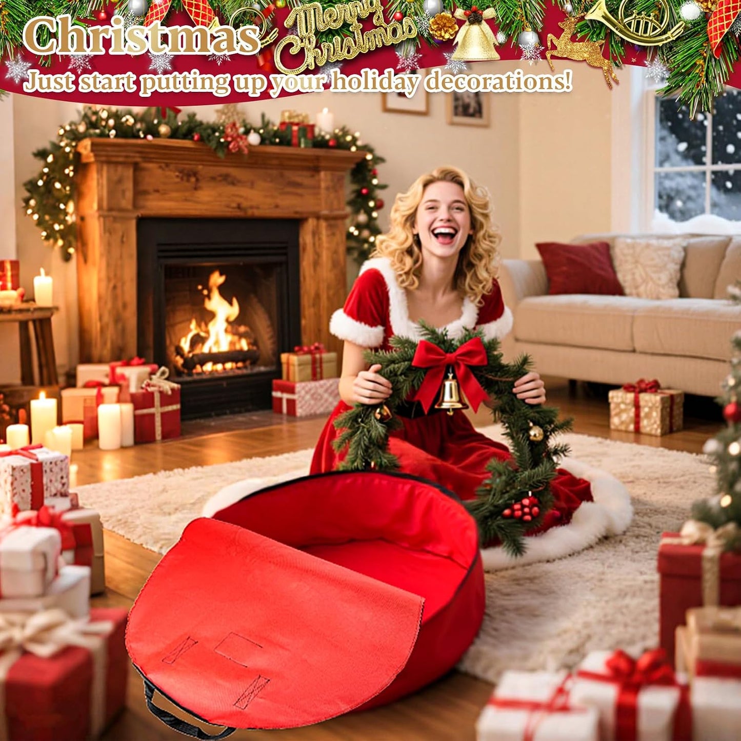 Bolsa almacenamiento corona Navidad 24" tela gruesa roja