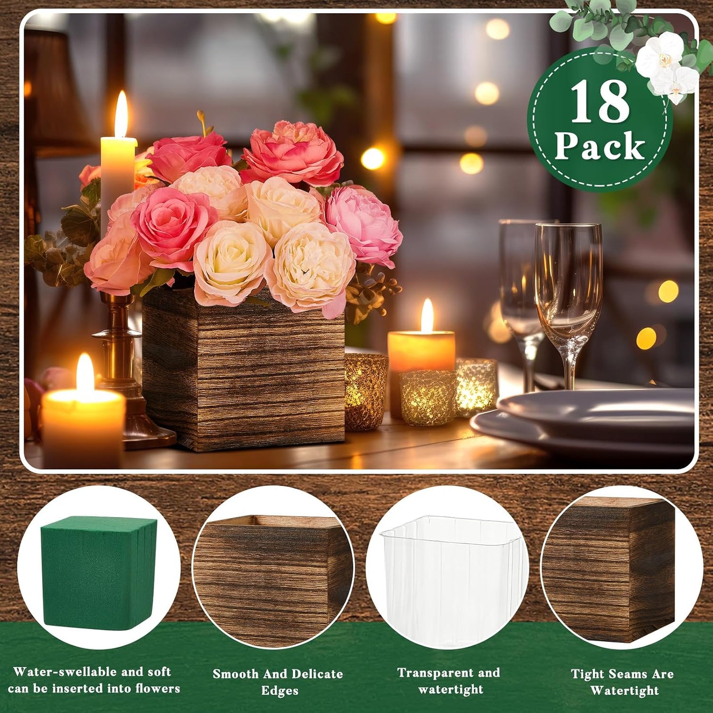 Set 18 Cajas Plantadoras Madera Cuadrada Forro Plástico