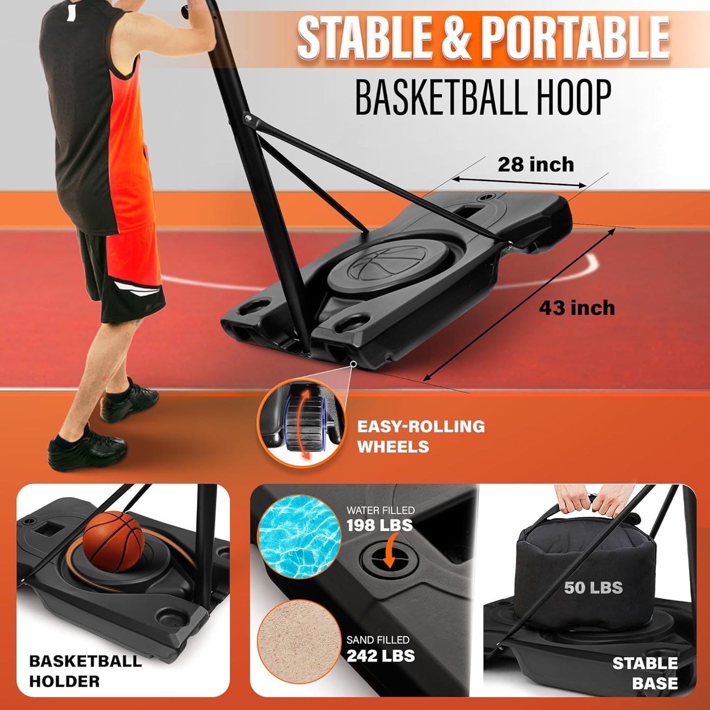 Aro baloncesto ajustable 3.8-10ft para adultos portátil
