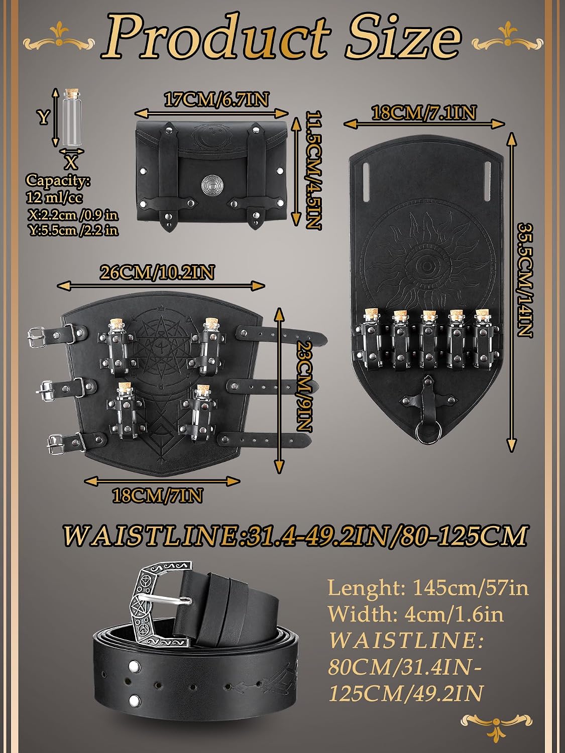 Set 6 accesorios cinturón vikingo botellas poción negro