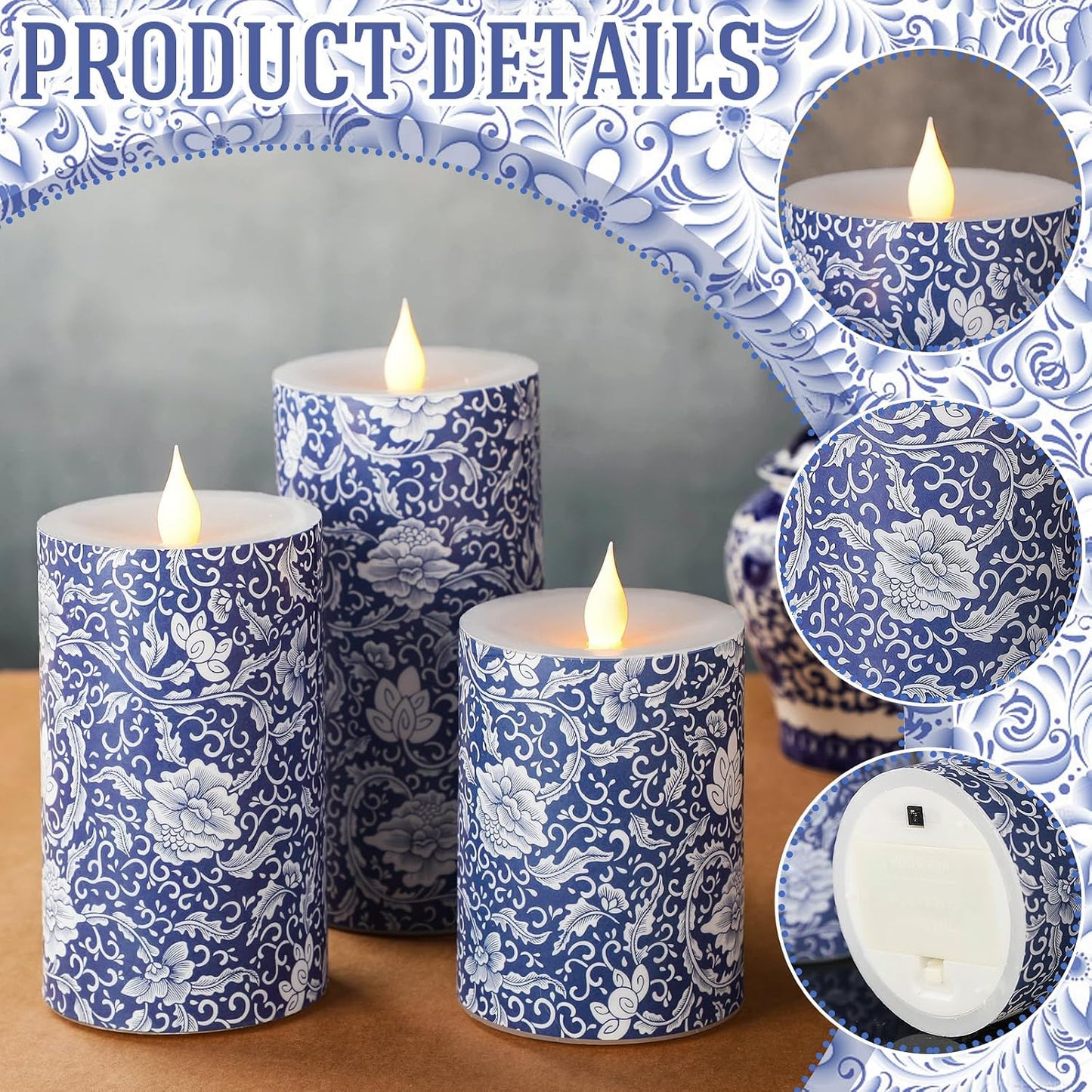 3 Velas LED Chinoiserie Azul y Blanco para Hogar y Fiesta