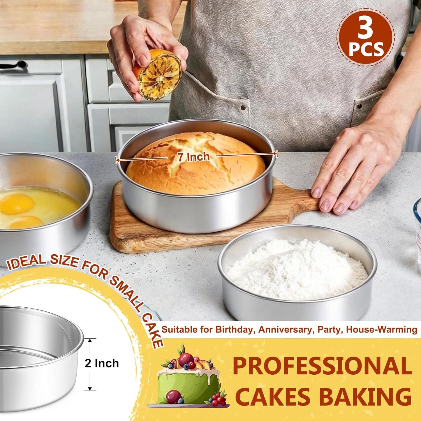 Set 3 Moldes Acero Inox 7pulg Para Hornear Pasteles