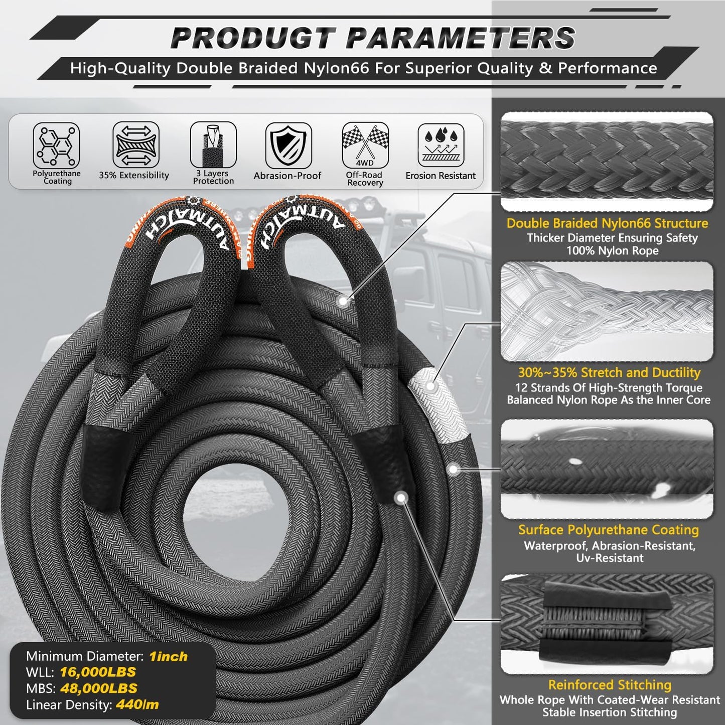 Cuerda remolque 1" x20ft 48000lb 35% elasticidad