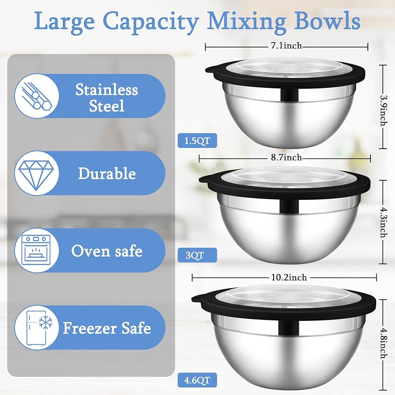 Set 3 Tazones Acero Inox Anidables 4.6-1.5qt con Tapas