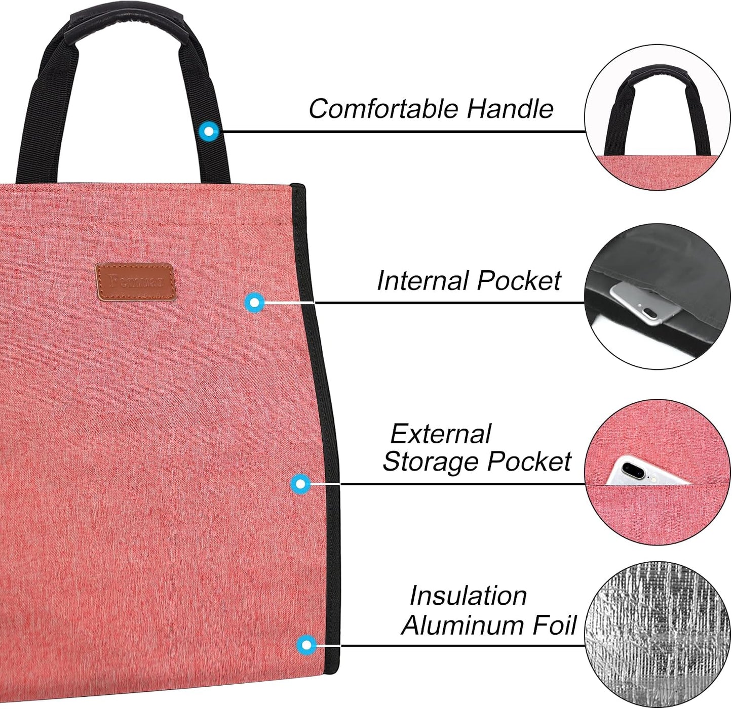 Bolsa almuerzo mujer aislada reutiliz. con bolsillo rosa