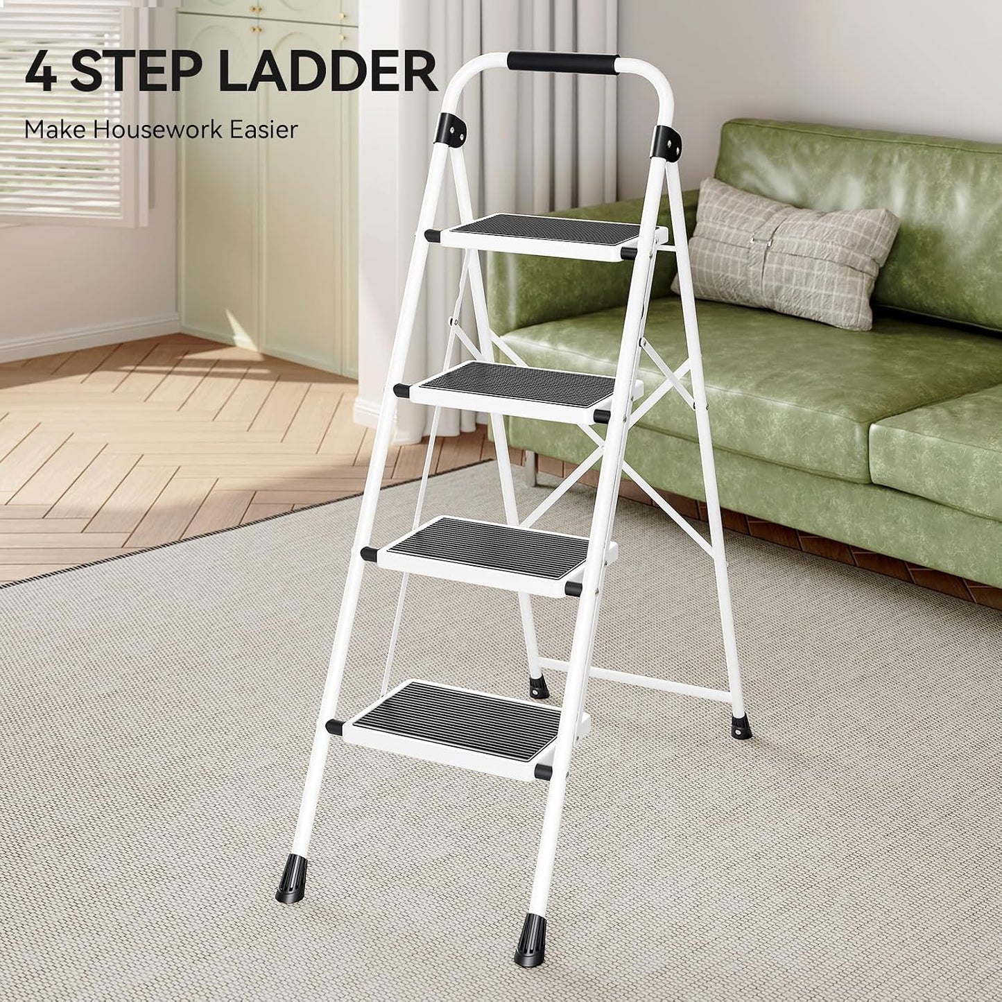 Escalera plegable 4 escalones pedal antiderrap color blanco