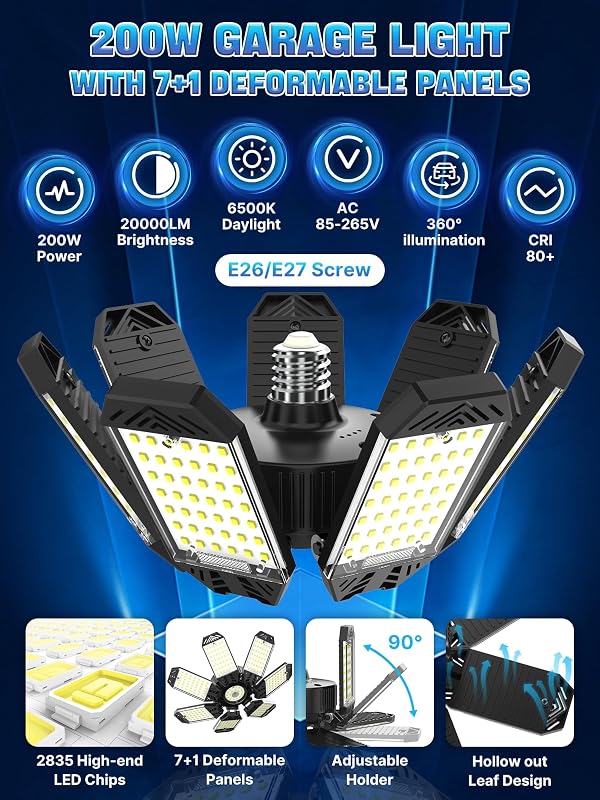4 Luz LED Garaje 200W 7 Paneles Ajustables E26/E27