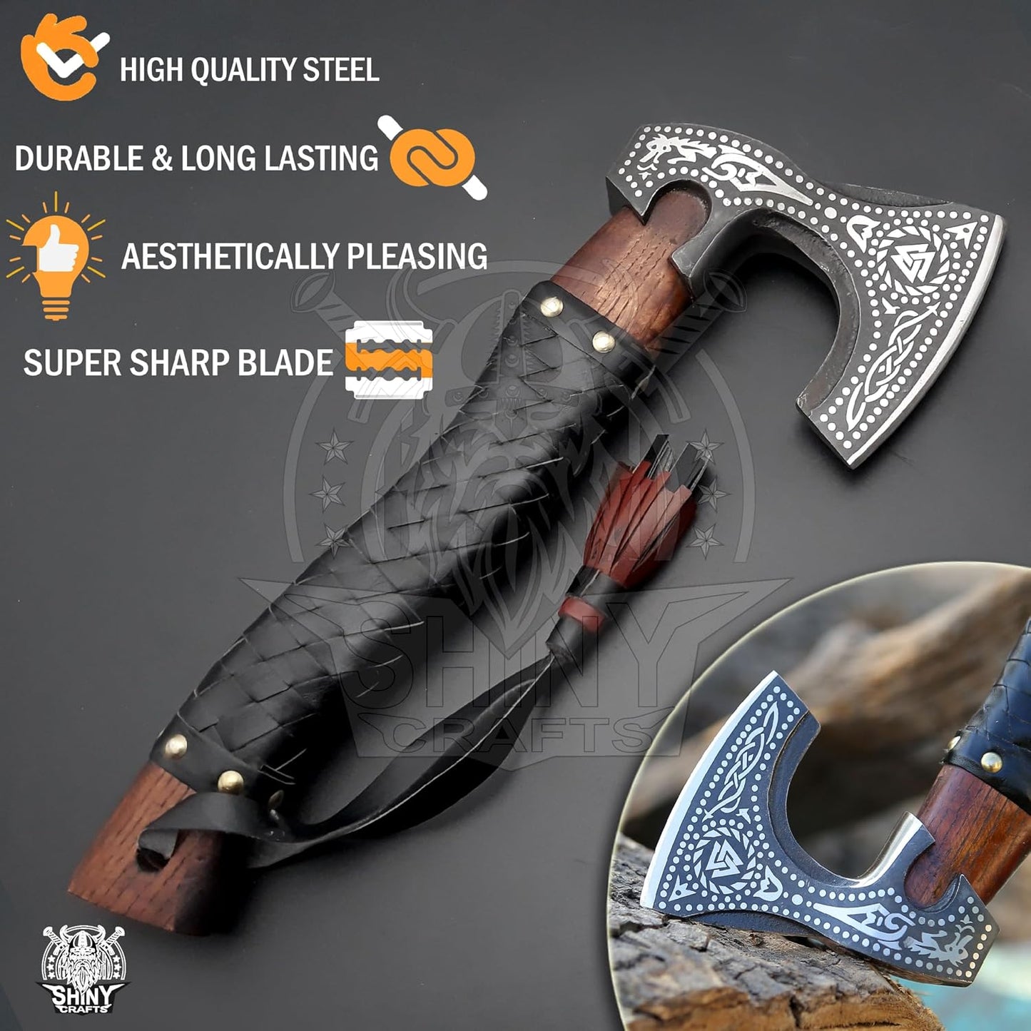 Hacha Vikinga Decorativa Hecha a Mano con Mango Cuero Set 8