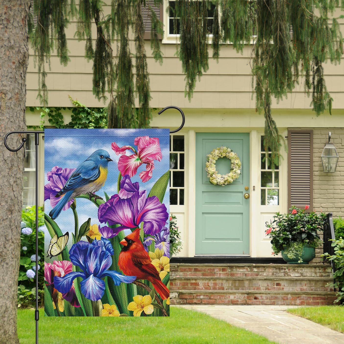 Bandera jardín 12x18pulg doble cara arpillera pájaros lirios
