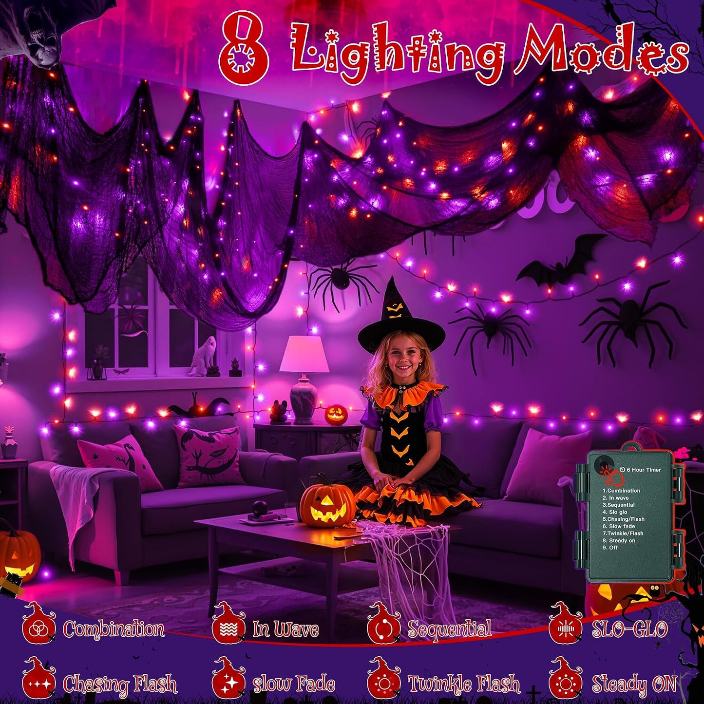 Luces Halloween 100 LED 33ft Tela Naranja Morado