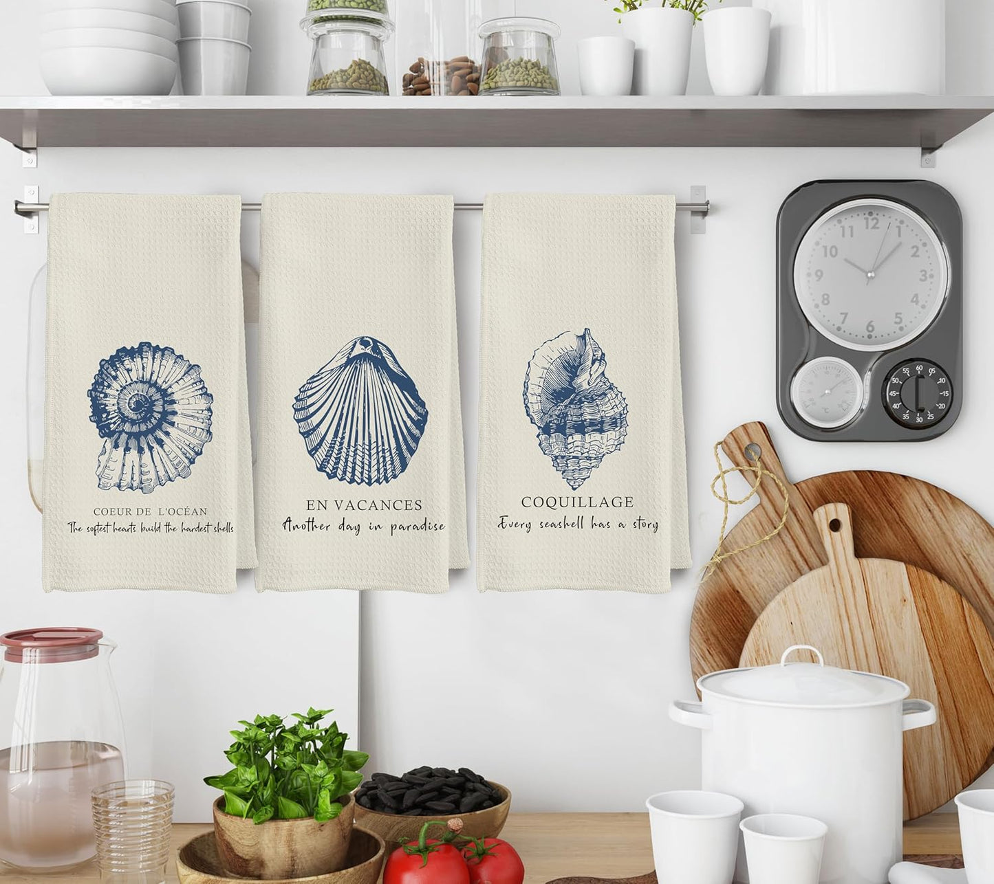Set 3 Toallas Cocina Náuticas Con Conchas Azules