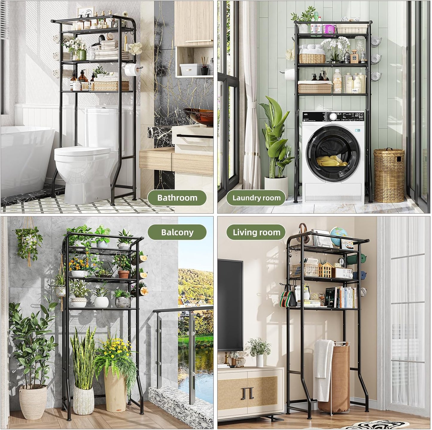 Organiz. baño metal soporte papel ganchos 3 niveles negro
