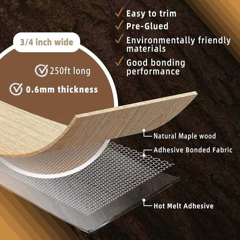 Bandas borde arce 3/4" x250 ft prepegadas para gabinete