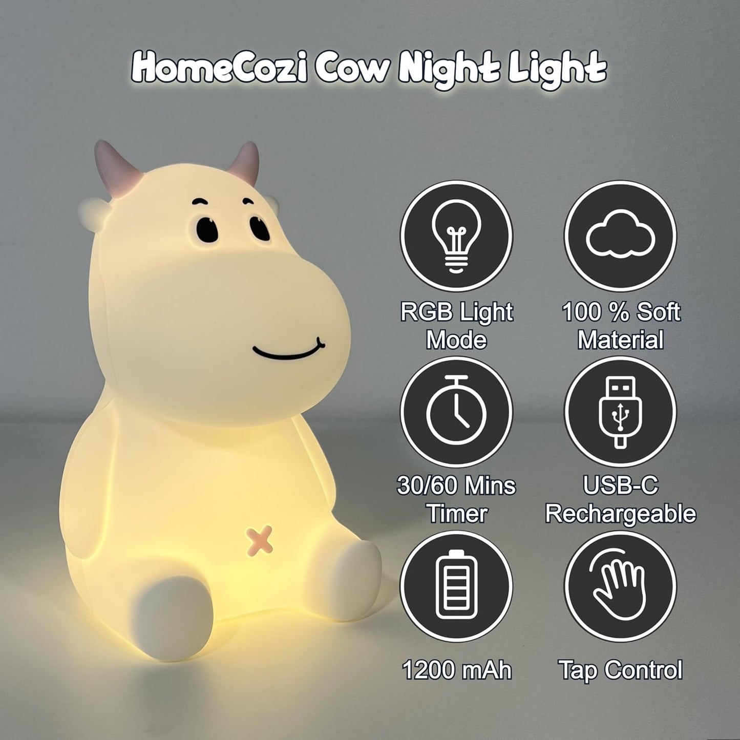 Luz Nocturna Vaca RGB Recargable con Brillo Ajustable