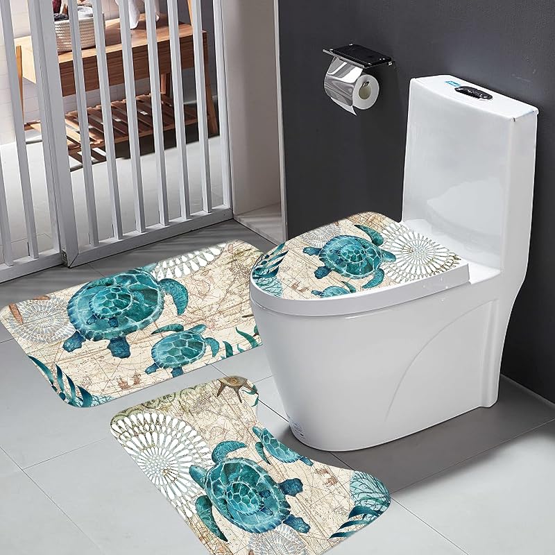 Juego baño náutico azul con cortina ducha y alfombras