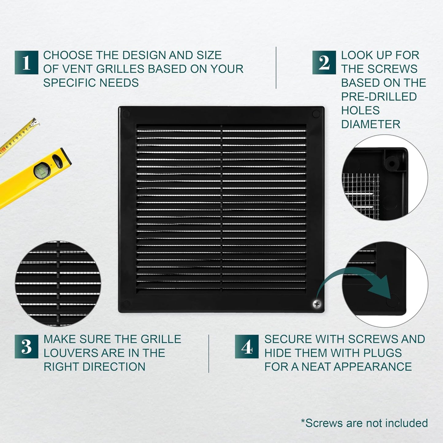 Rejilla ventilación cuadrada negra 8x8pulg sofito plástico