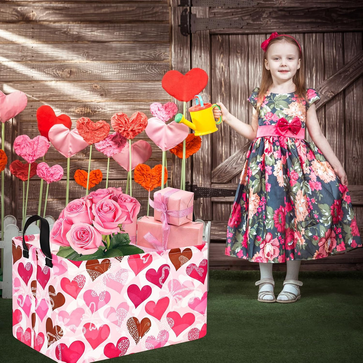 Cesta almacenamiento juguetes con asas patrón corazón