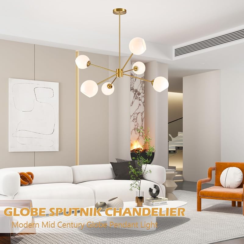 Candelabro Sputnik 6 Luces Dorado Cristal Blanco Dormitorio