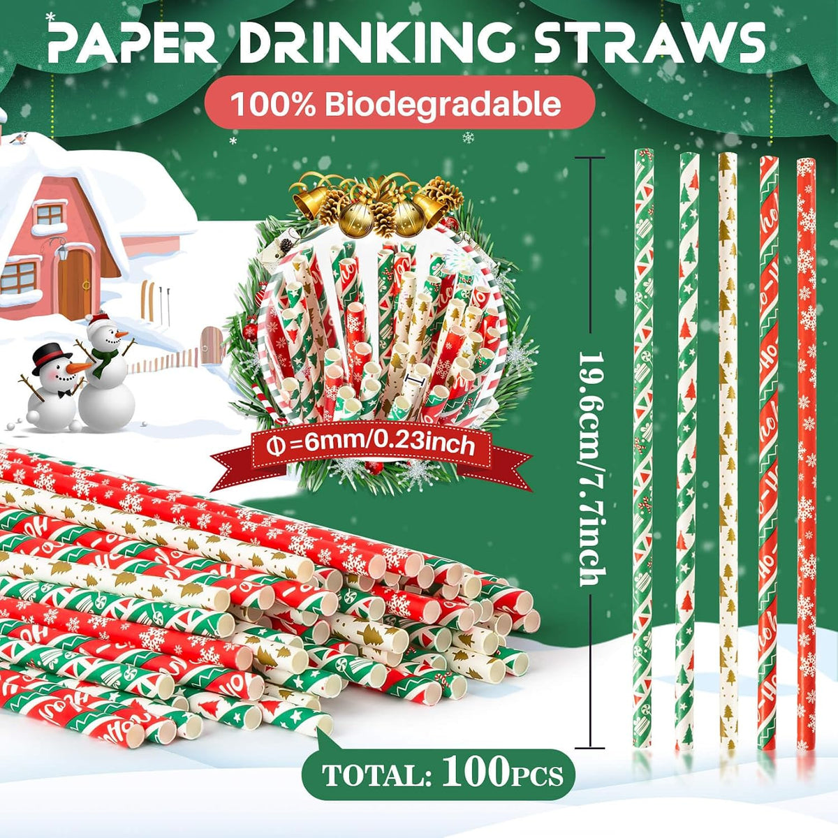 100 Pajitas Navidad Kraft Coloridas para Café y Jugo