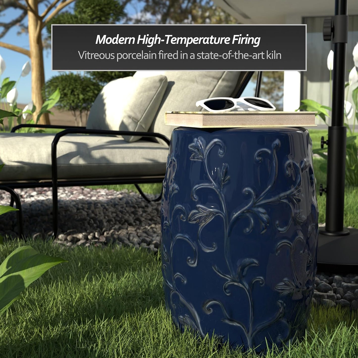 Taburete jardín porcelana 18pulg color azul oscuro