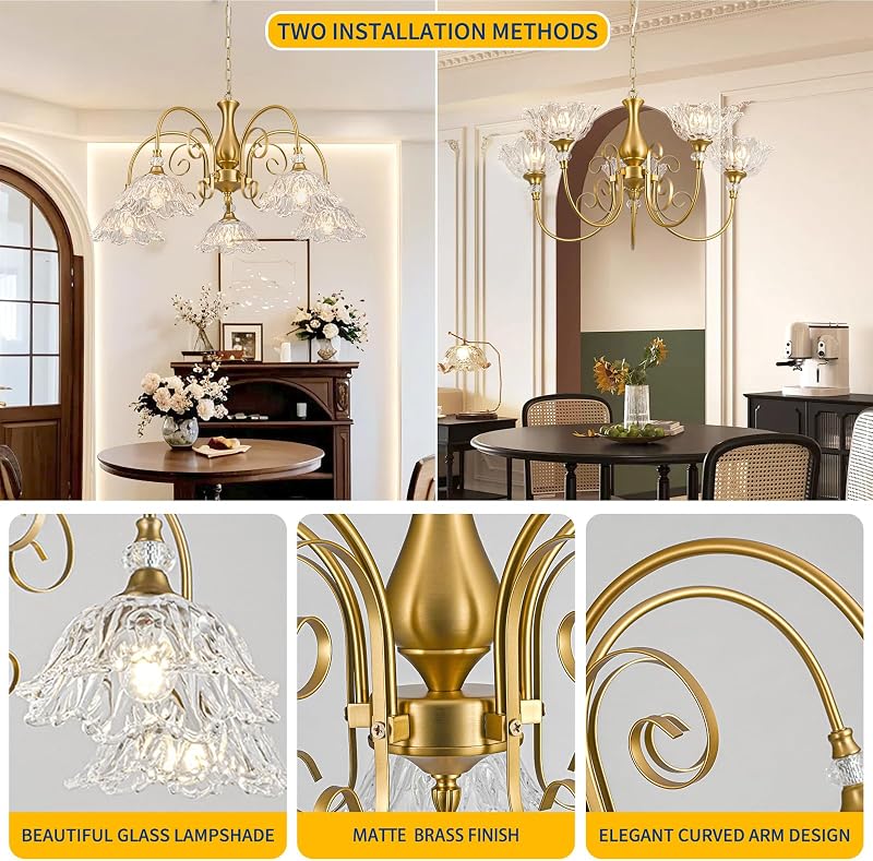 Candelabro vintage 5 luces latón mate pantallas cristal