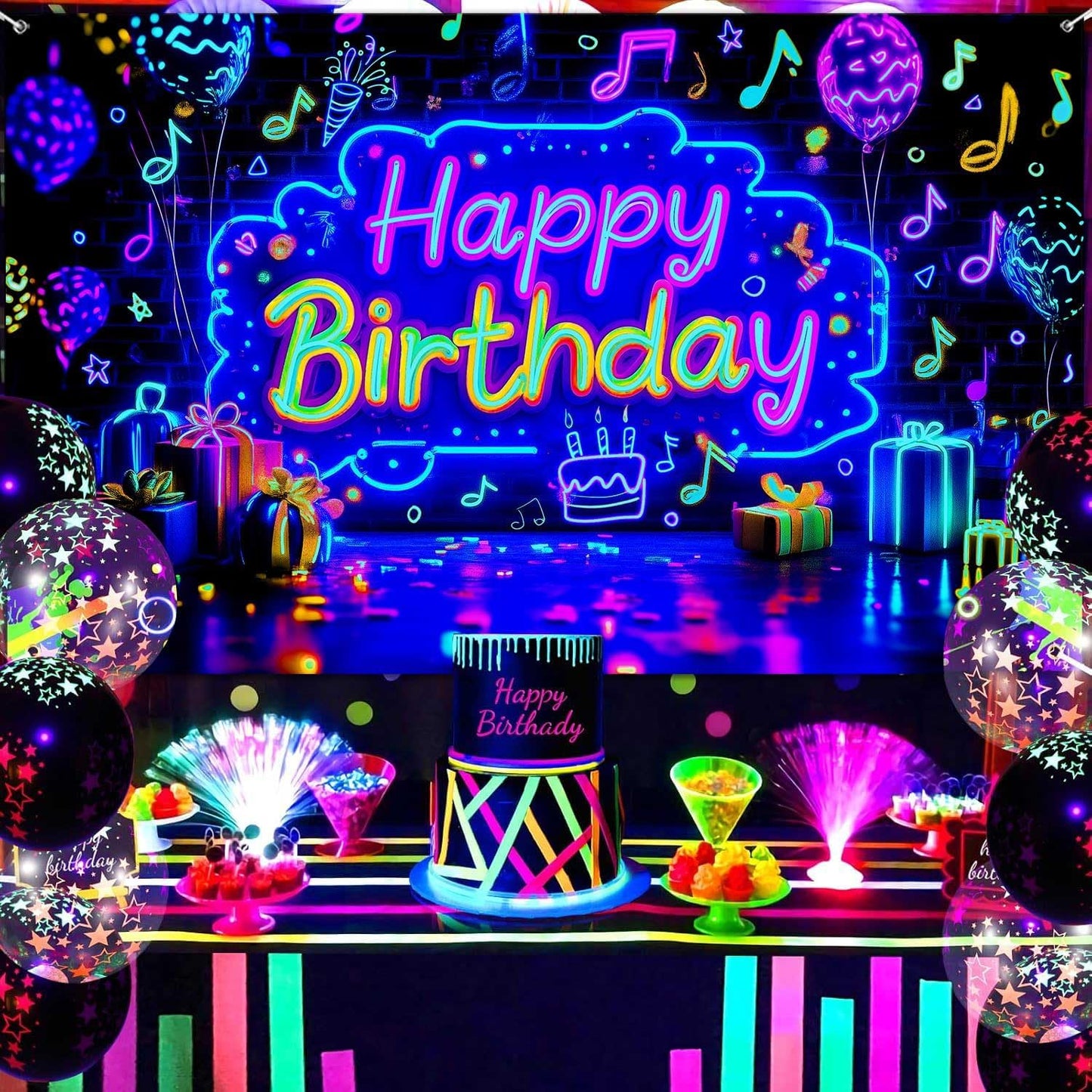 Pancarta neón cumpleaños con luz negra reactiva