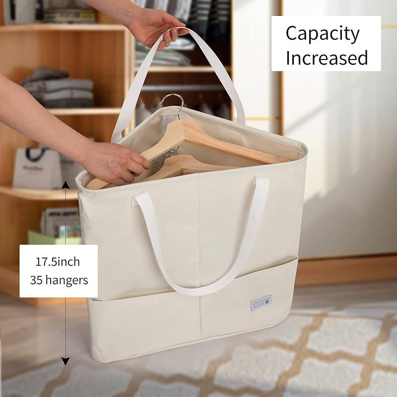 Bolsa organizadora para colgar ropa con asas beige y blanco
