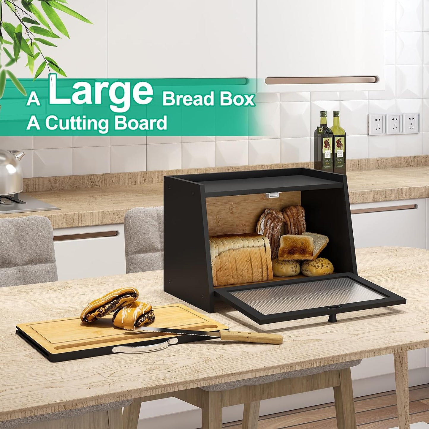 Panera bambú con tabla cortar encimera cocina