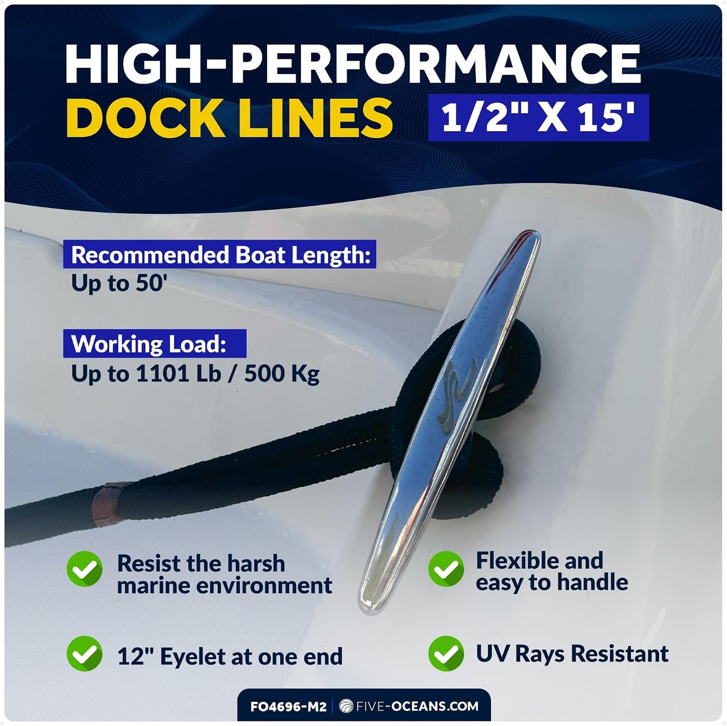 Líneas muelle 1/2pulg x15ft 8 cuerdas nailon doble azul