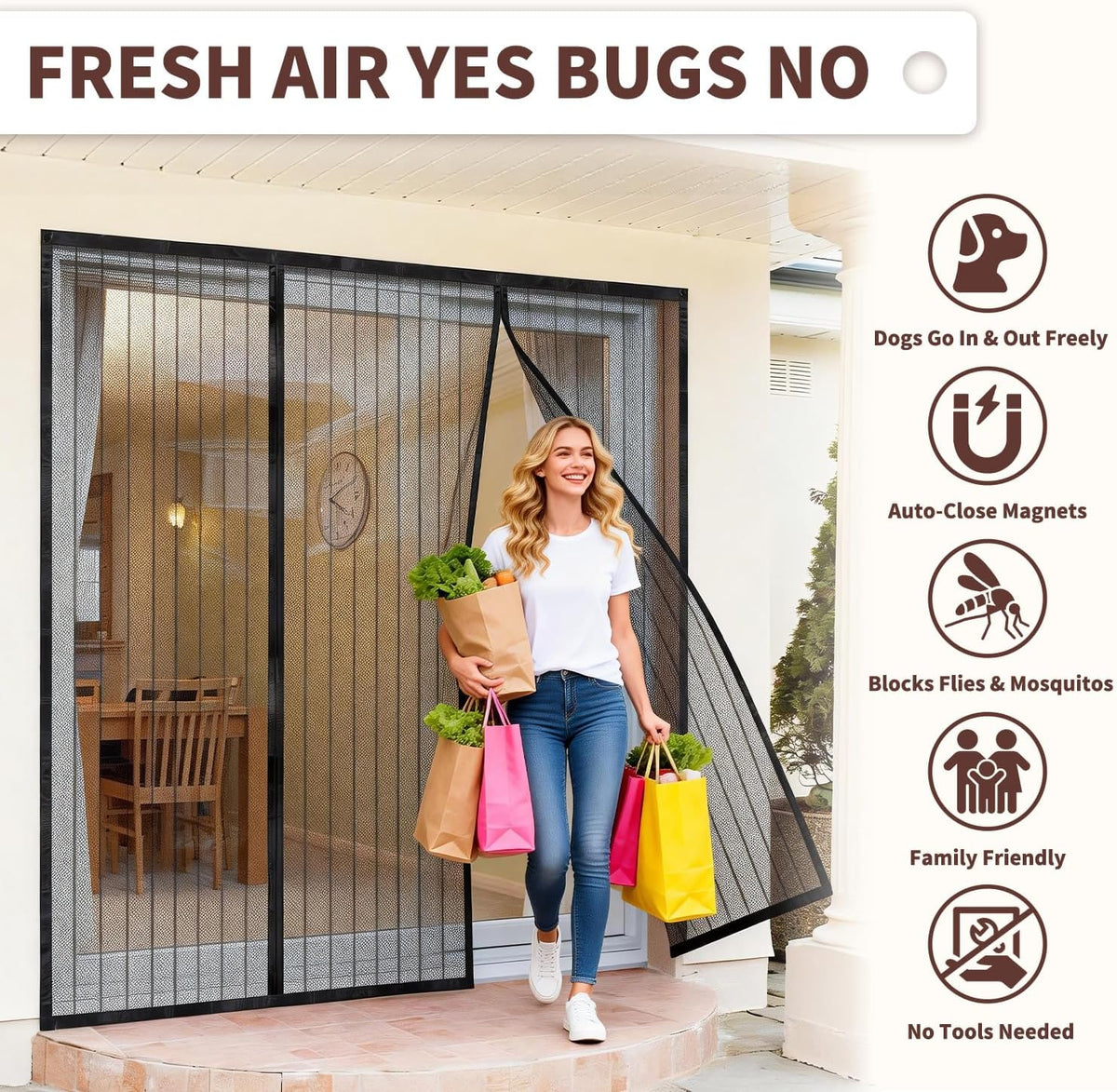 Puerta mosquitera magnética para dobles con malla fina 0.069pulg