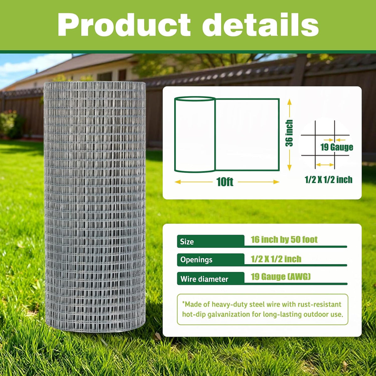 Paño hardware 36x10ft alambre 1/2pulg galvanizado