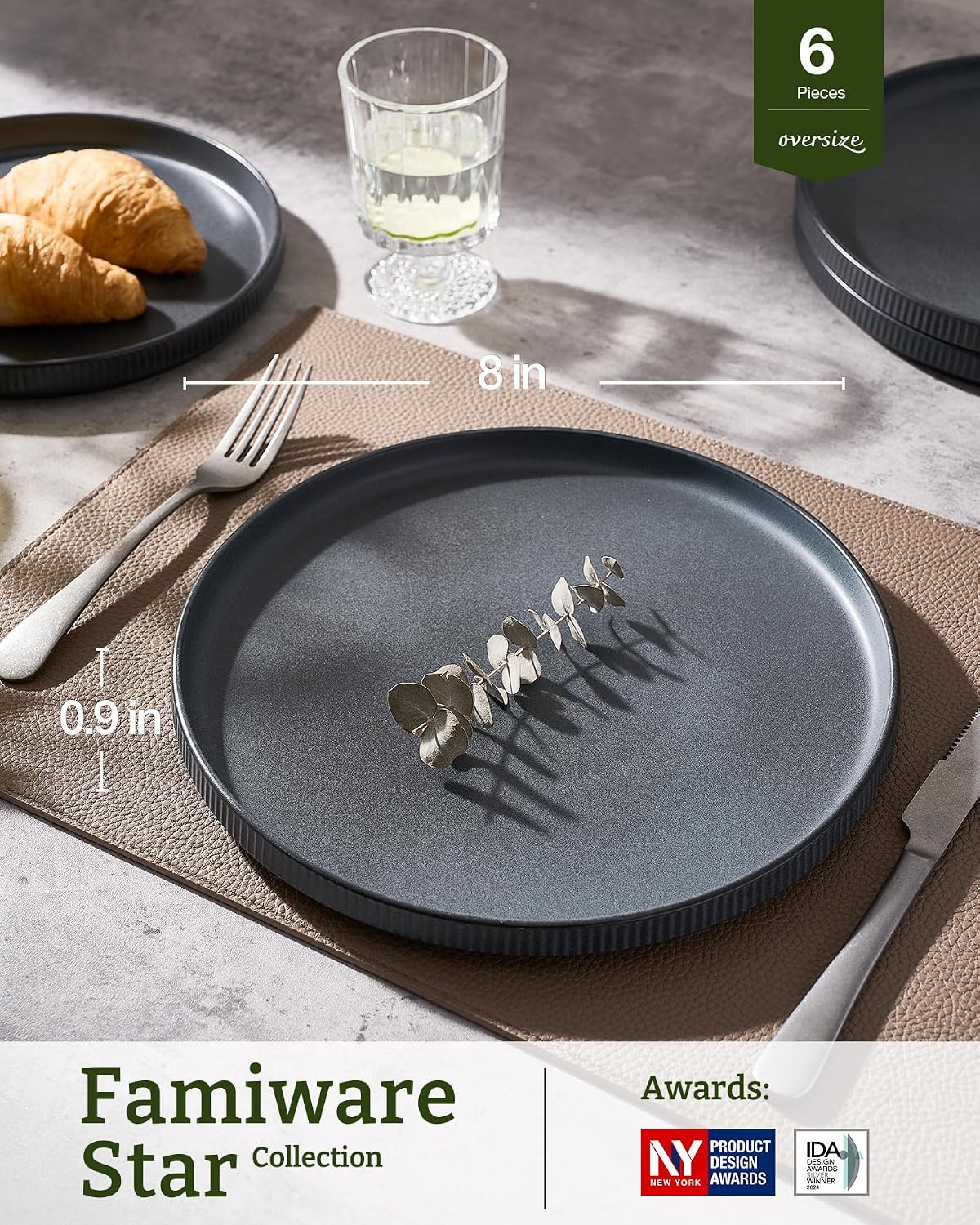 Set 6 platos ensalada 8pulg gres carbón oscuro mate