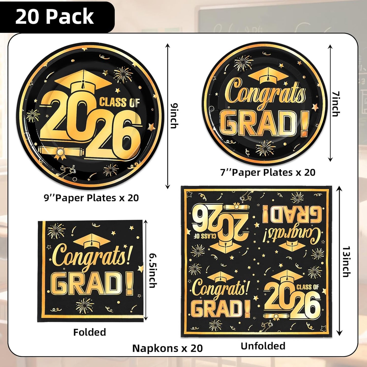 Set 60 platos y servilletas graduación 2026 negro y dorado