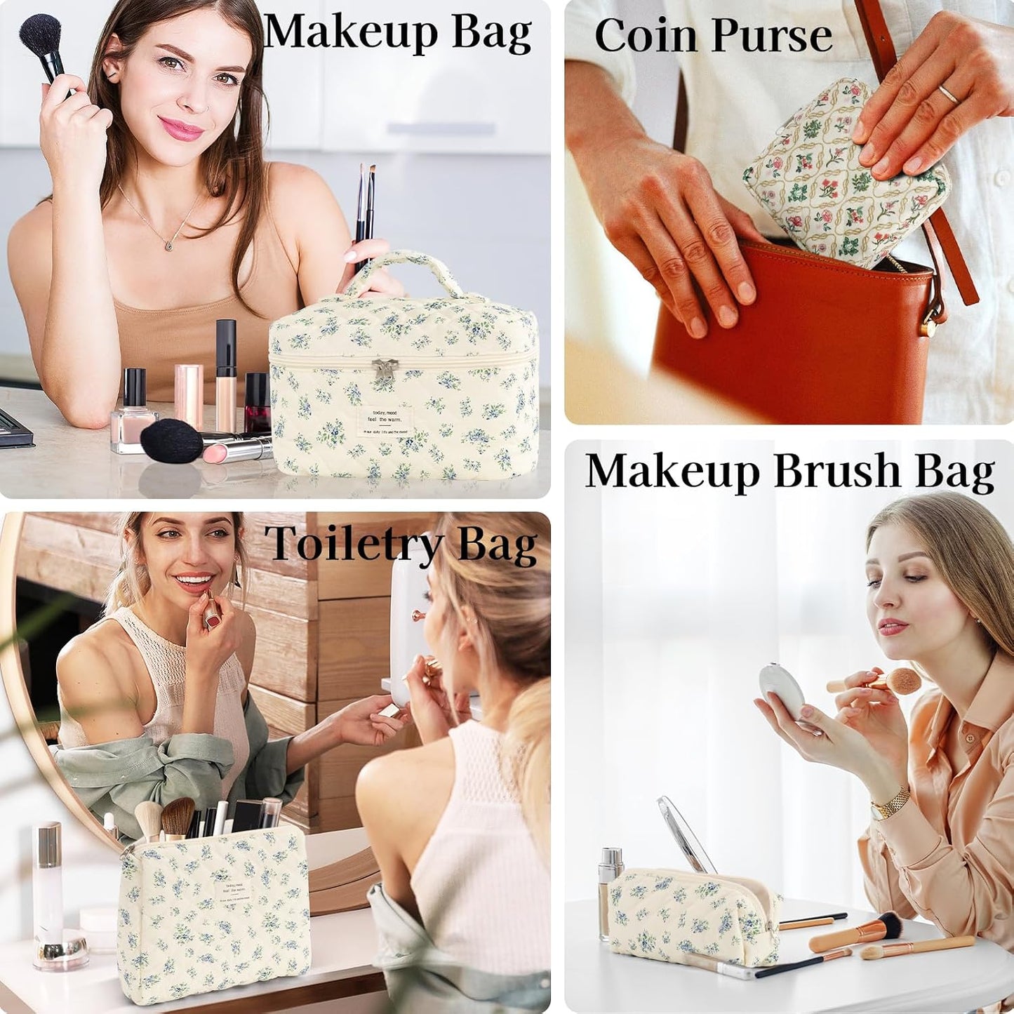Set 4 bolsas maquillaje acolchada floral viaje mujer niña