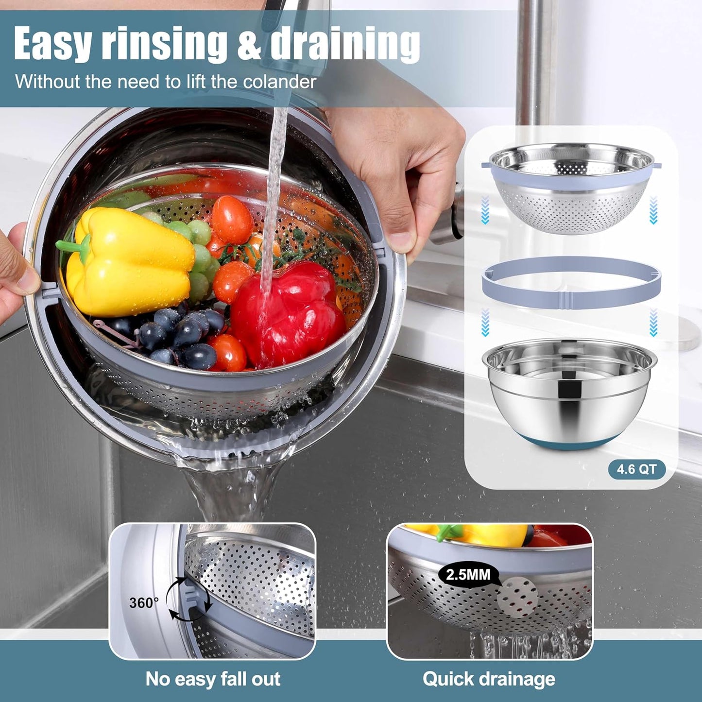Set 15 Pzas Tazones Acero Inox Anidables con Colador