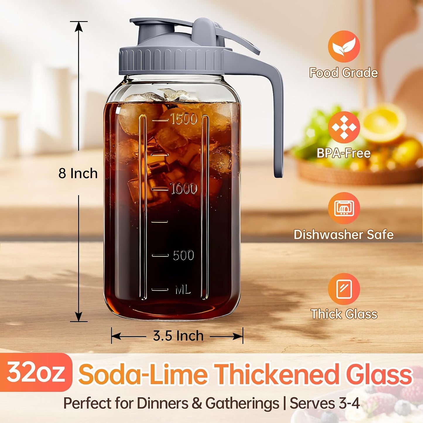 Pitcher Vidrio 32oz con Tapón para Café Frío Agua Jugo