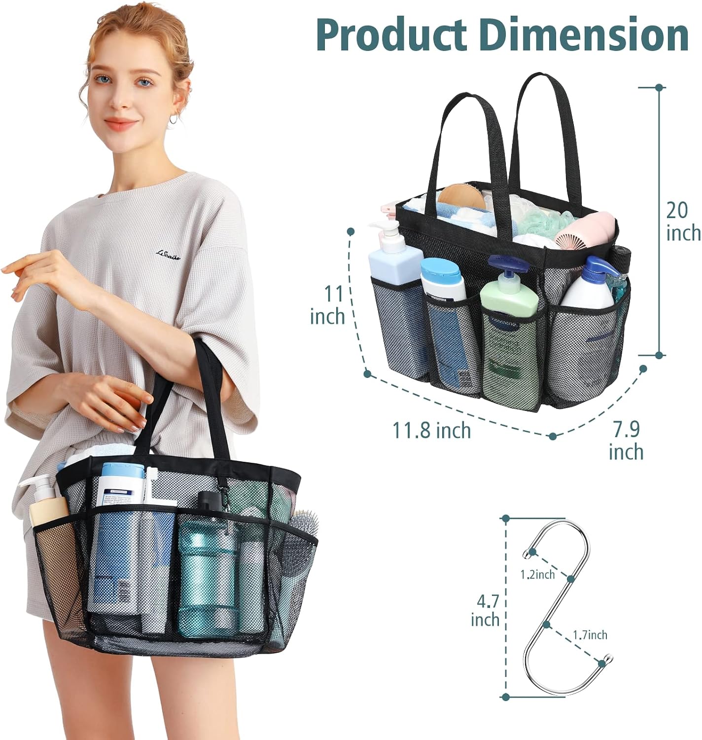 Organiz. ducha malla 2en1 con 7 bolsillos negro
