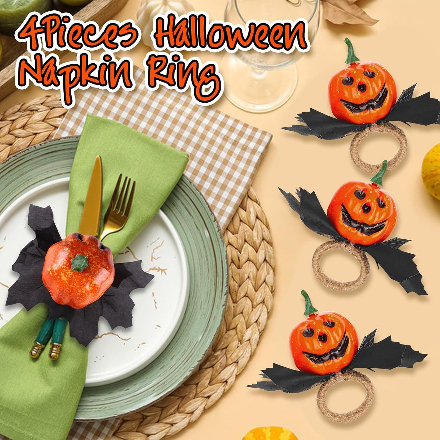 Juego 4 servilleteros Halloween forma globo ocular calabaza