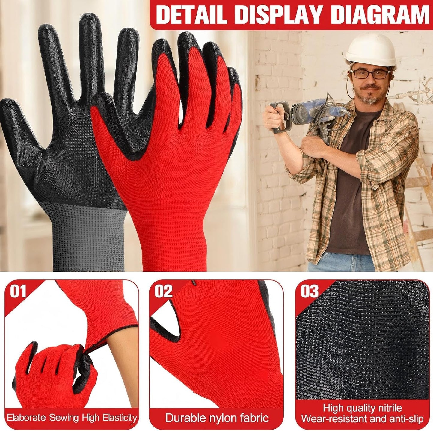 Guantes trabajo seguridad goma nailon 9.1pulg 2 colores