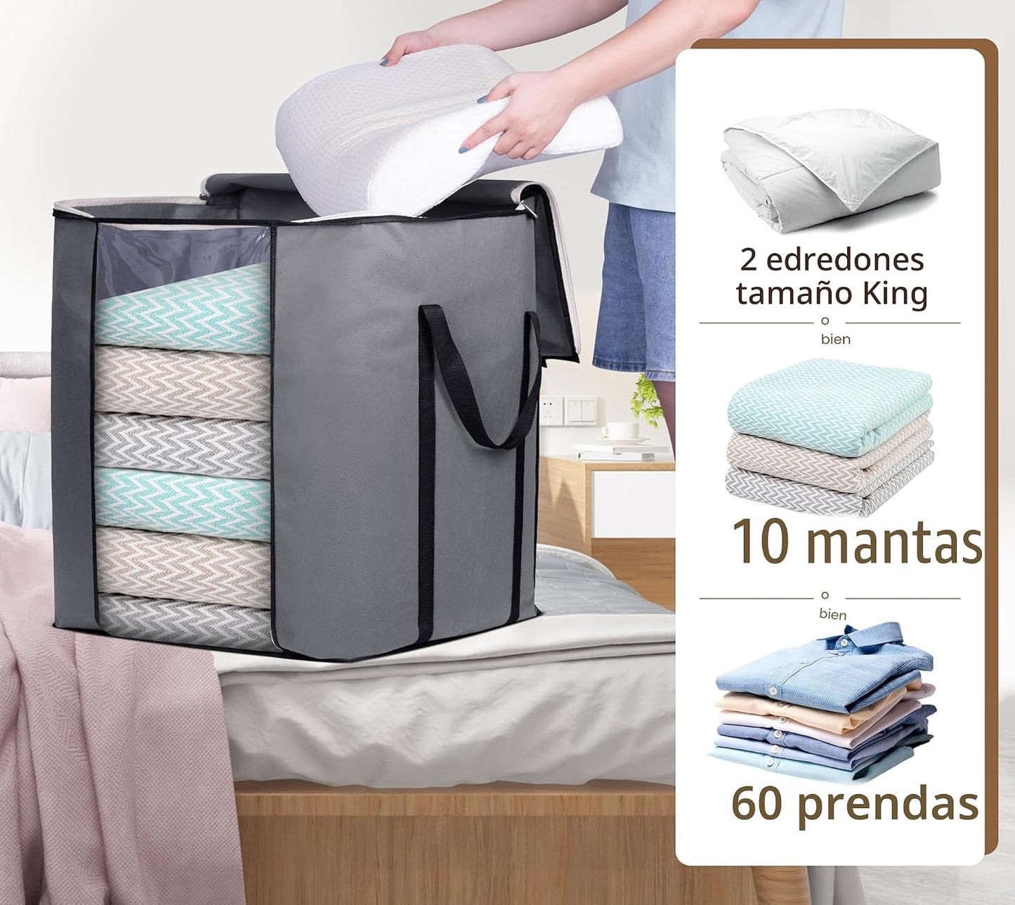 Bolsas almacenamiento mantas 120L transpirables asas gris