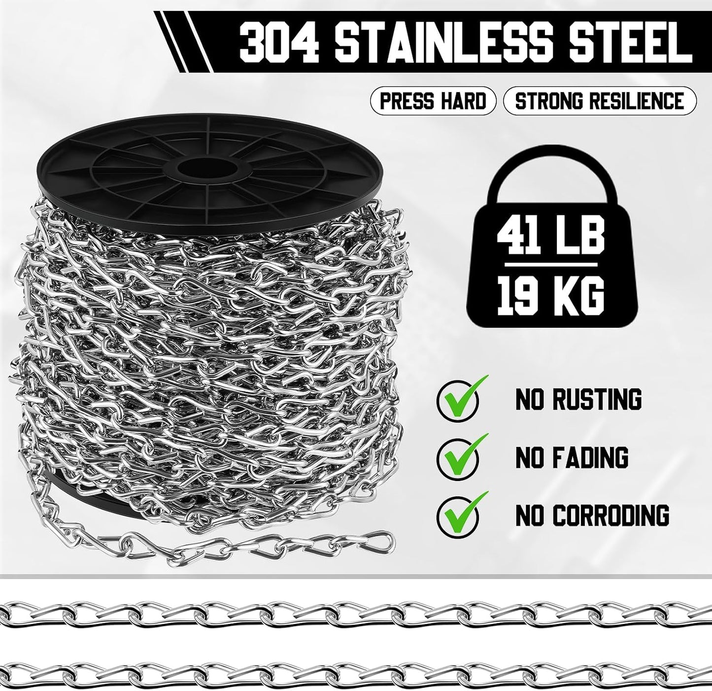 Cadena plateada 15.24m con 10 ganchos acero galvanizado