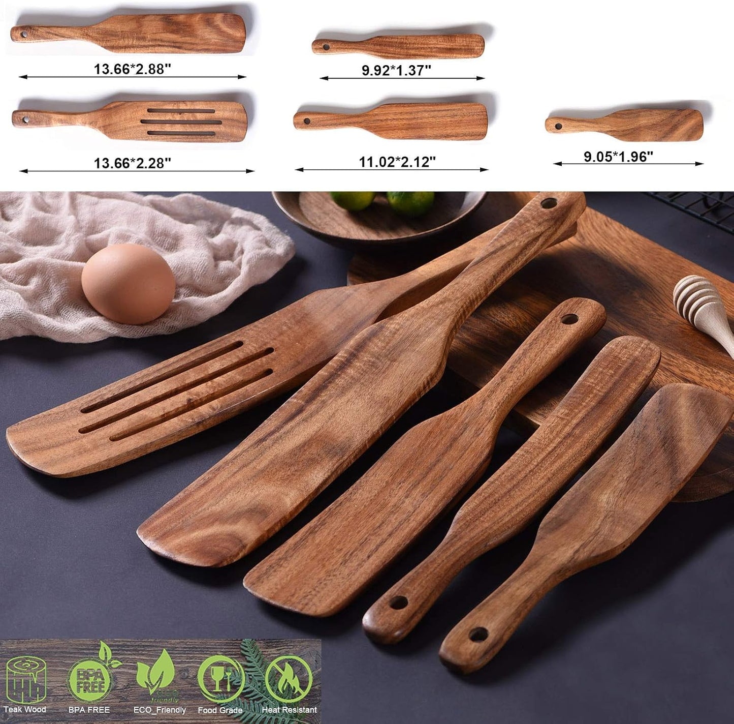 Set 5 cucharas madera teca espátula cocina