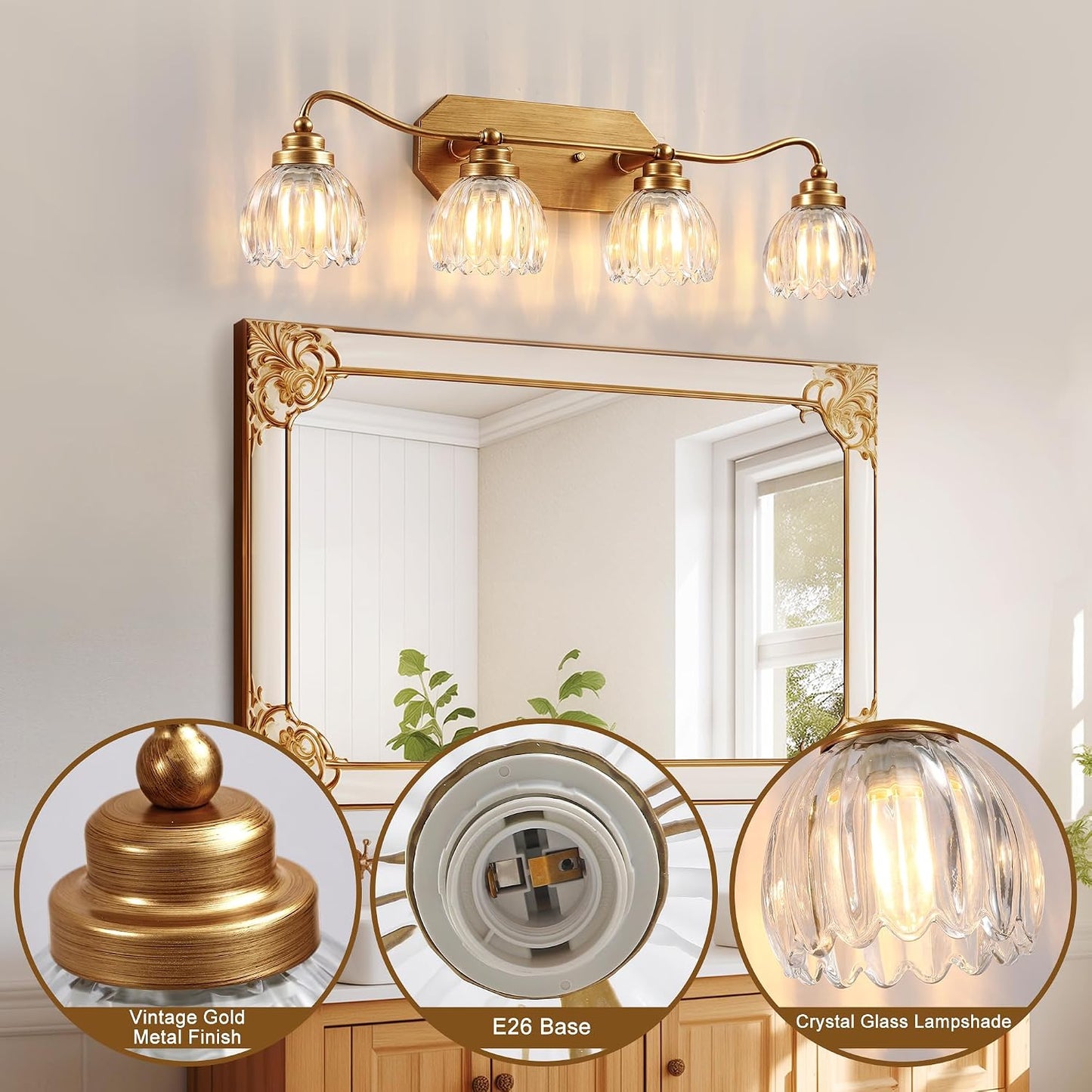 Lámpara baño vintage 4 luces doradas acabado latón antiguo