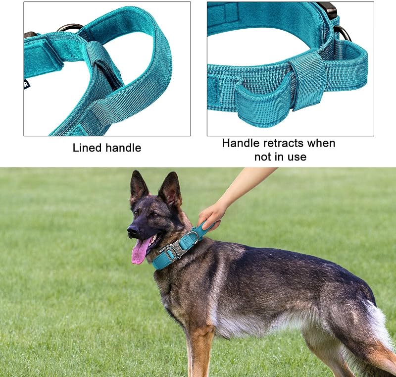 Collar perro táctico ajustable con asa y hebilla metal 3 parches azul