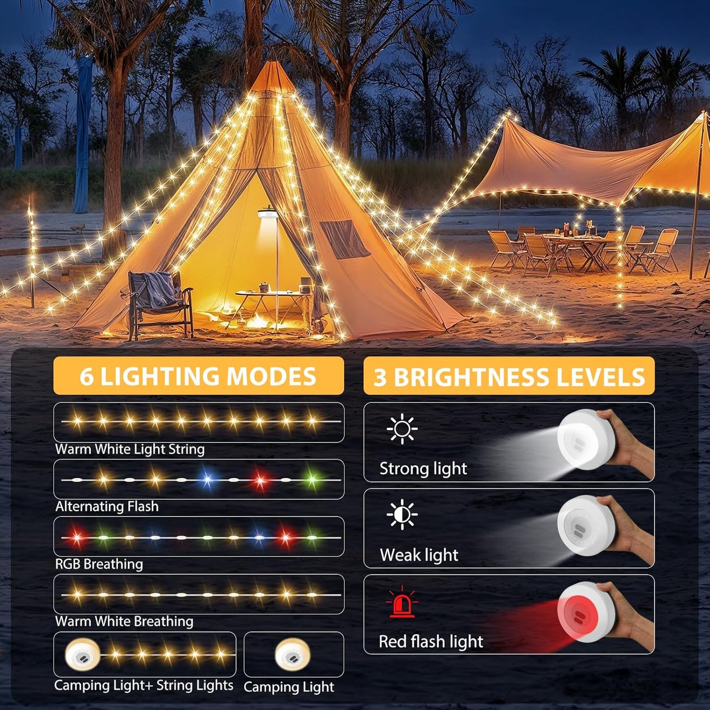 2 Pzas Luces Campamento Recargables 32.8pies 9 Modos RGB