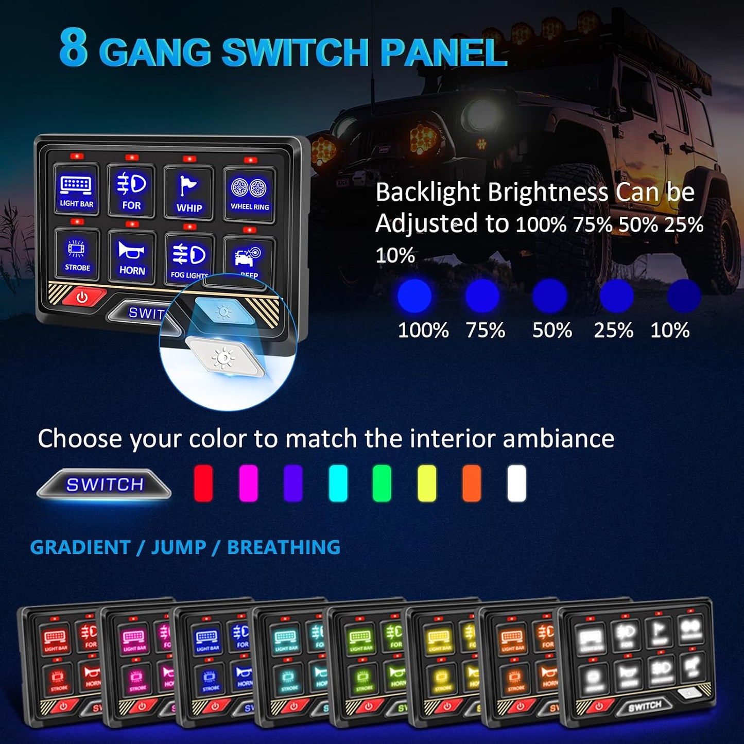 Panel interruptor RGB 8 bandas con relé 5 niveles brillo
