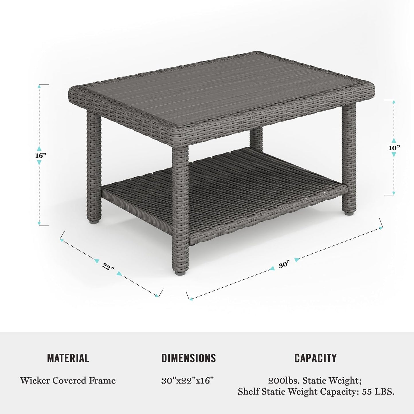 Mesa centro patio madera sintética mimbre gris